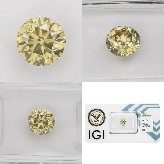 1 pcs Diamant  (Naturfarvet)  - 1.01 ct - Rund - Fancy light Brunlig Gul - SI2 - International Gemological Institute (IGI)