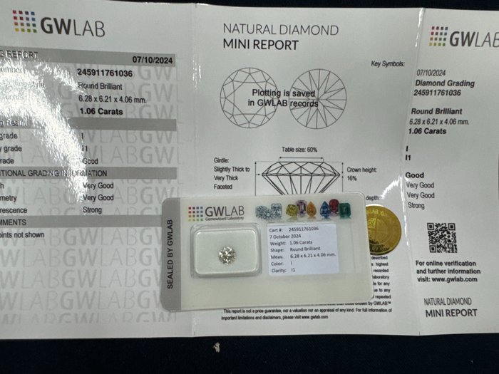 Ingen mindstepris - 1 pcs Diamant  (Natur)  - 1.06 ct - Rund - I - I1 - Gemewizard Gemological Laboratory (GWLab)