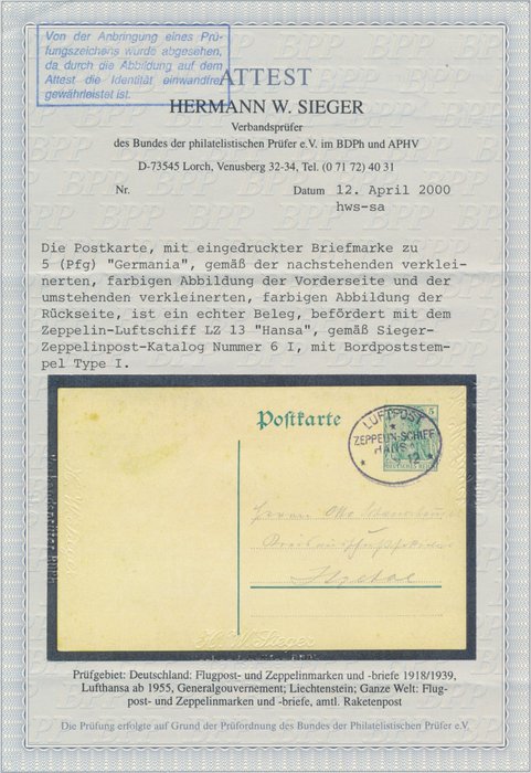 Det tyske imperium - Zeppelin Pioneer Post - 1912 - Zeppelin luftskib Hansa, LZ 13, brevpapir 5 Pfg. med indbygget poststemple, ægte transporteret - Sieger Nr. 6 I mit Bordpoststempel Type I  und Fotoattest Sieger BPP - selten -