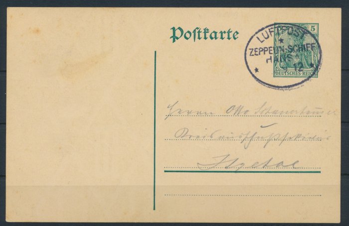 Det tyske imperium - Zeppelin Pioneer Post - 1912 - Zeppelin luftskib Hansa, LZ 13, brevpapir 5 Pfg. med indbygget poststemple, ægte transporteret - Sieger Nr. 6 I mit Bordpoststempel Type I  und Fotoattest Sieger BPP - selten -