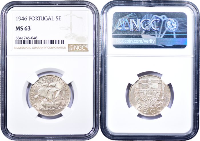 Portugal Republic 3 Moedas - 5 Escudos 1946 1947  1948 - NGC - MS 63-65