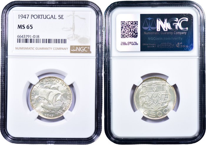 Portugal Republic 3 Moedas - 5 Escudos 1946 1947  1948 - NGC - MS 63-65