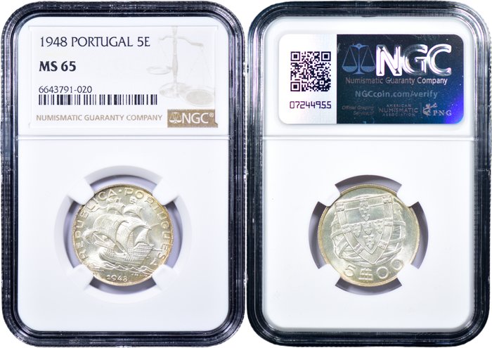 Portugal Republic 3 Moedas - 5 Escudos 1946 1947  1948 - NGC - MS 63-65