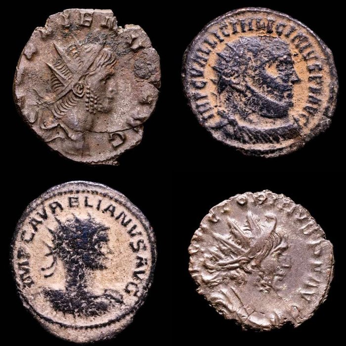 Romarriket. Gallienus, Aurelian, Licinius I  Victorinus. Lot comprising four (4) coins  (Ingen mindstepris)