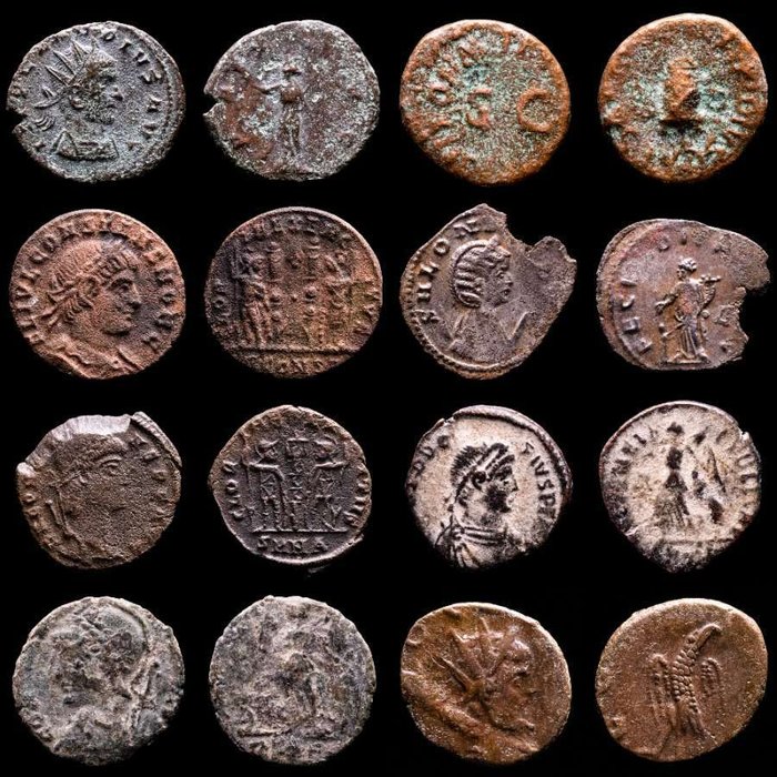 Romarriket. Lot comprising eight (8) coins: III-IV centuries AD.. Antoninianus, Follis, Maiorinas. Claudius I, Claudius II (2), Salonina, Constantinopolis, Crispus, Constans  Theodosius  (Ingen mindstepris)