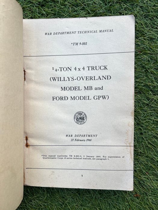 Verenigde Staten van Amerika -  WW2 Official US Army Willys Jeep Mechanic Handbook - For Model MB / Ford Model GPW - TM9-803 - 1944