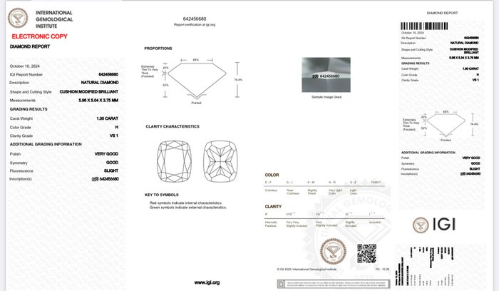 1 pcs Diamant  (Natur)  - 1.00 ct - Pude - H - VS1 - International Gemological Institute (IGI)