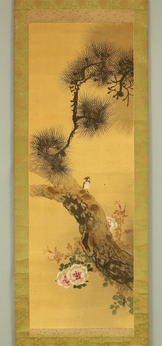 Sparrow, Pine Tree and Rose - Ono Shorei 小野蕉麗 (b1905) - Japan  (Ingen mindstepris)