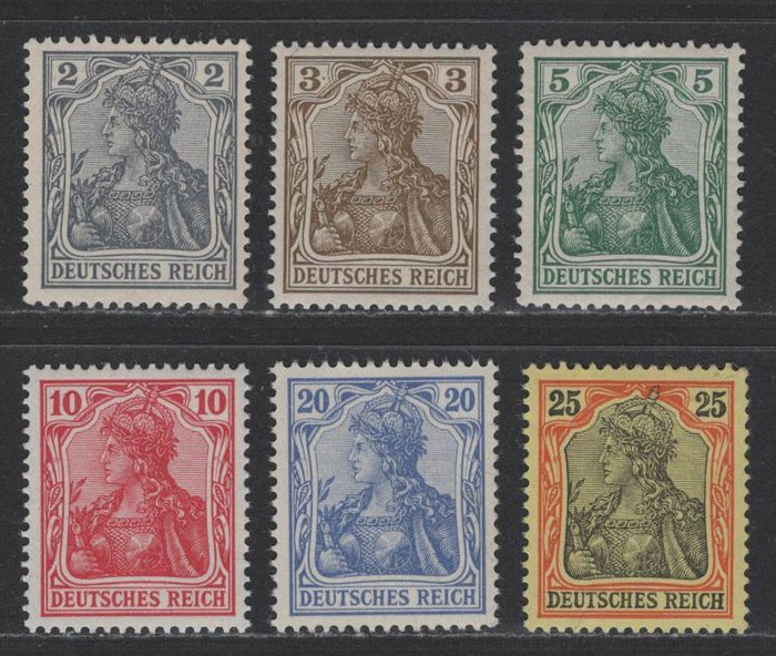 Tyske Kejserrige 1902 - "Germania" 2-25 Pf uden vandmærke postfrisk (MNH) - Michel 68-73