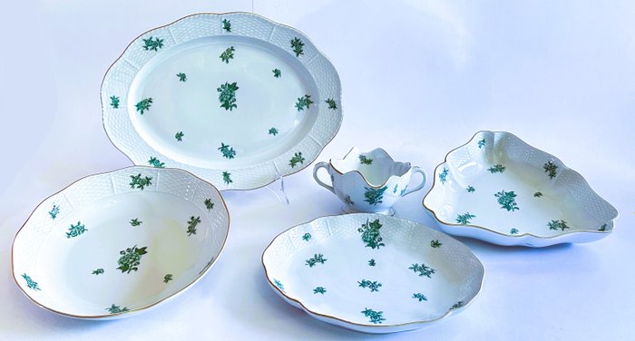 Herend - Bordservice (5) - meget sjælden - Green Eton Service tallerkener og skåle med håndmaling - Porcelæn