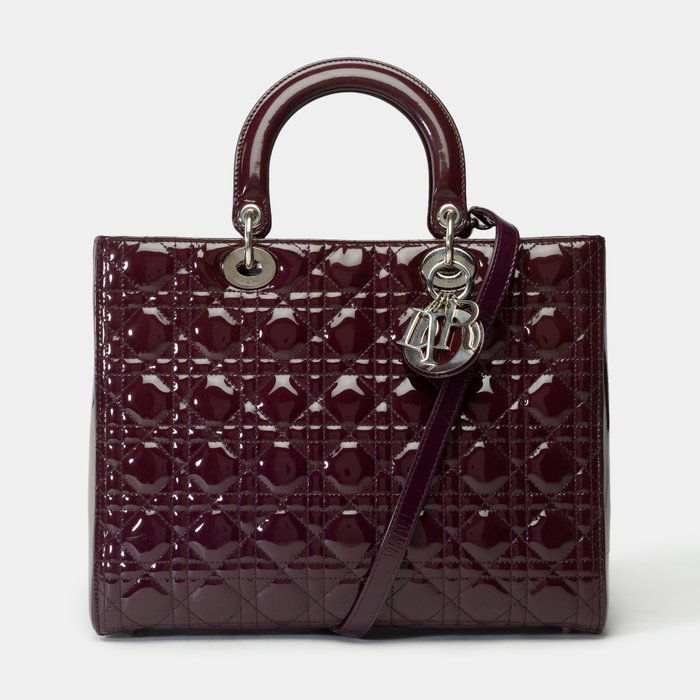 Christian Dior - Lady Dior Grand Modèle (GM) en cuir cannage verni violet, garniture en métal argenté - Håndtaske