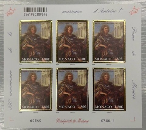 Monaco 2011 - 1,80 € Prins Antoine I af Monaco, ikke-savtakket i miniark på 6, VF  RARE også! - Yvert  Tellier n° 2801