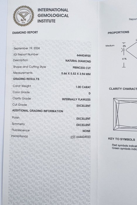 1 pcs Diamant  (Natur)  - 1.00 ct - Kvadrat - D (farveløs) - IF - International Gemological Institute (IGI) - *3EX Ingen*