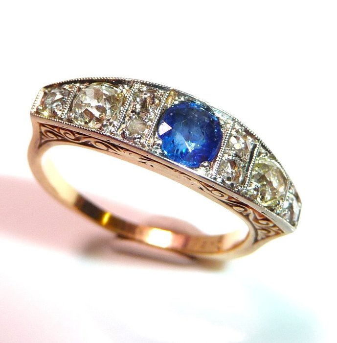 Ring - 14 karat Gulguld, Platin -  0.75ct. tw. Diamant (Natur)  - Safir - Gr. 52 er udskiftelig