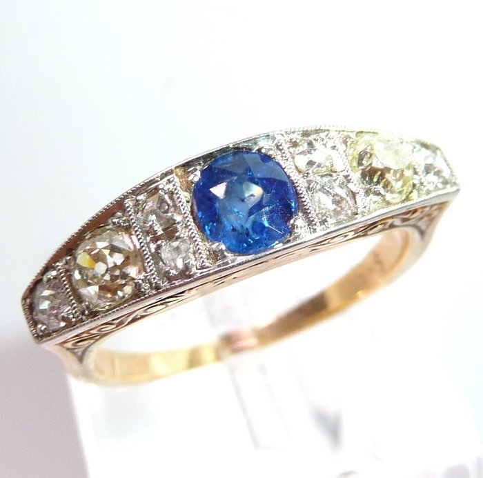 Ring - 14 karat Gulguld, Platin -  0.75ct. tw. Diamant (Natur)  - Safir - Gr. 52 er udskiftelig