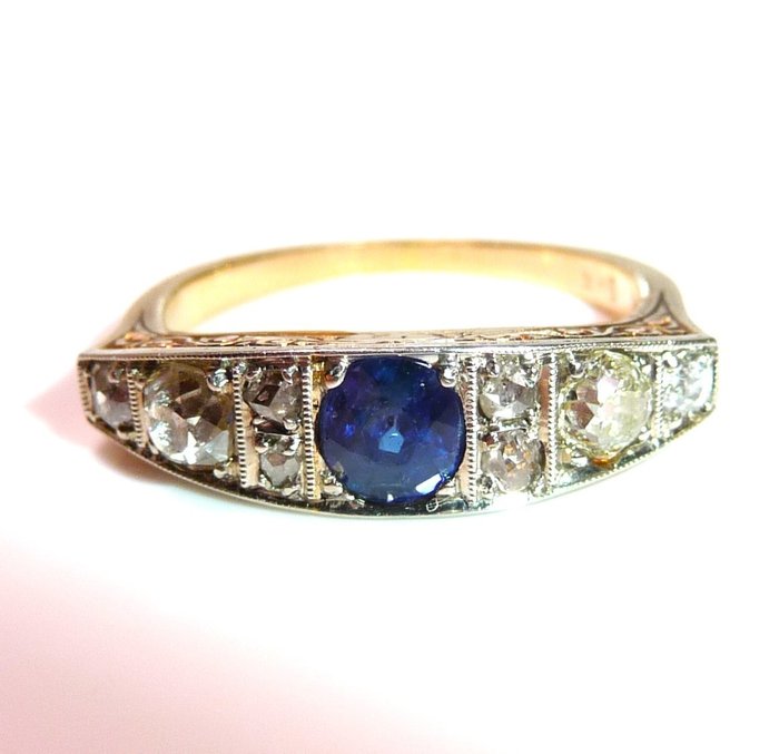 Ring - 14 karat Gulguld, Platin -  0.75ct. tw. Diamant (Natur)  - Safir - Gr. 52 er udskiftelig