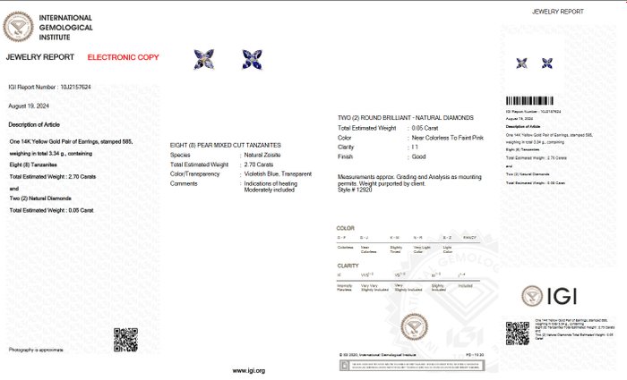 Ingen mindstepris - Øreringe - 14 karat Gulguld -  275ct tw Tanzanit - Diamant - Pink - IGI