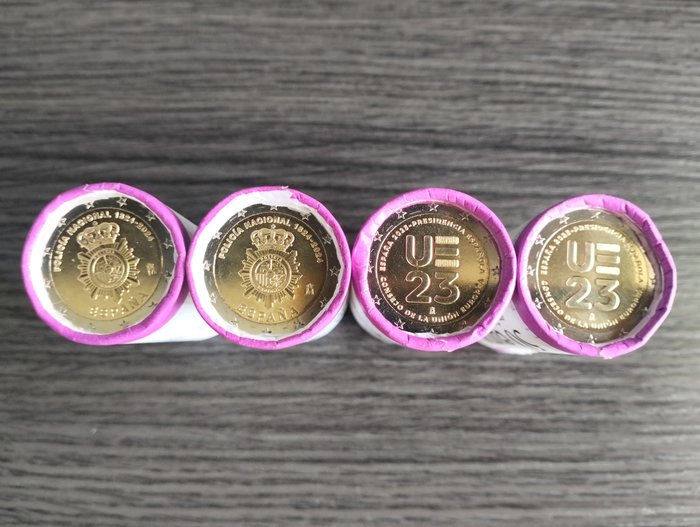 Spanien. 2 Euro 2023/2024 "Policia Nacional" + "Presidencia" (100 monedas) en 4 rollos