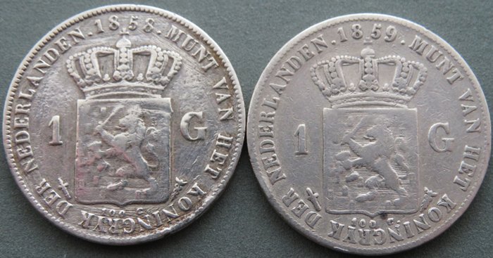 Holland. Willem III. 1 Gulden 1858 en 1859  (Ingen mindstepris)