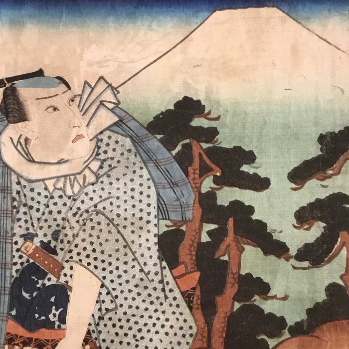 Drie kabuki-spelers in een landschap met de berg Fuji - 'Three Young Men Climbing Fuji on New Year's - Utagawa Kunisada (1786-1865) - Japan -  Sene Edo-periode