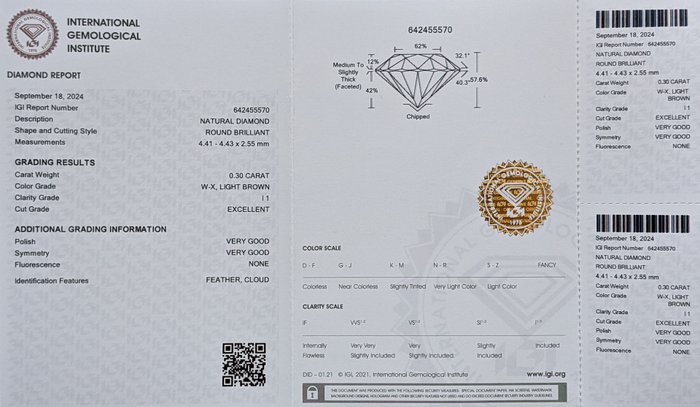 Ingen mindstepris - 1 pcs Diamant  (Naturfarvet)  - 0.30 ct - Rund - Light Brun - I1 - International Gemological Institute (IGI)