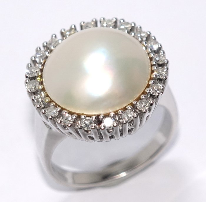 Ring - 14 karat Hvidguld -  0.40ct. tw. Diamant (Natur)  - Perle