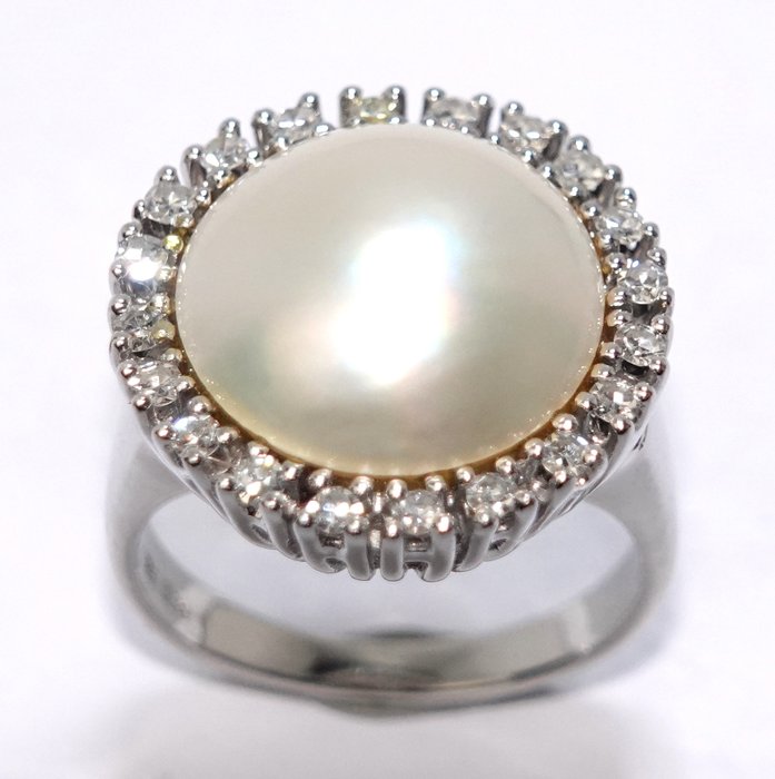 Ring - 14 karat Hvidguld -  0.40ct. tw. Diamant (Natur)  - Perle