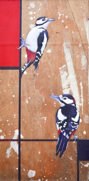 Jos Verheugen - Free after Mondrian, with woodpeckers (M747, oil paint on trash wood)