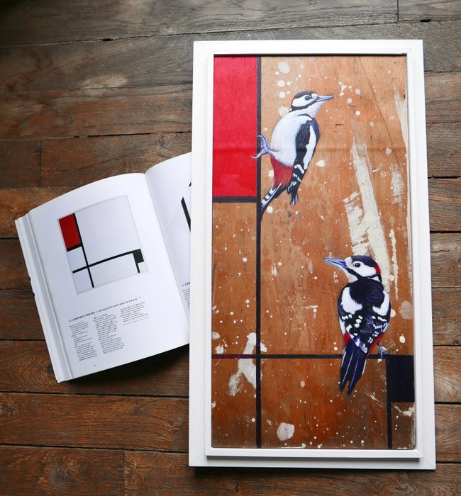 Jos Verheugen - Free after Mondrian, with woodpeckers (M747, oil paint on trash wood)