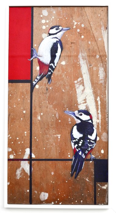 Jos Verheugen - Free after Mondrian, with woodpeckers (M747, oil paint on trash wood)