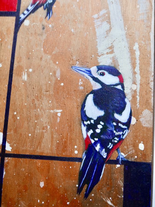 Jos Verheugen - Free after Mondrian, with woodpeckers (M747, oil paint on trash wood)