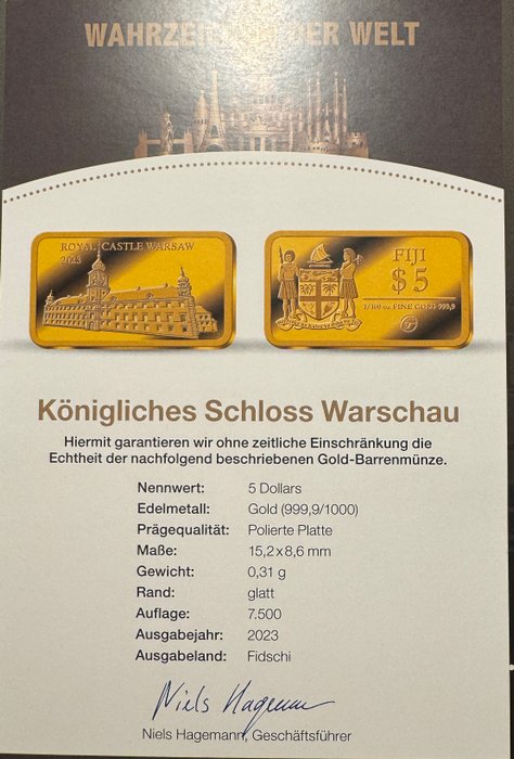 Fiji. 5 Dollars 2023 Konigliches Schloss Warschau, 1/100 Oz (.999) Proof  (Ingen mindstepris)