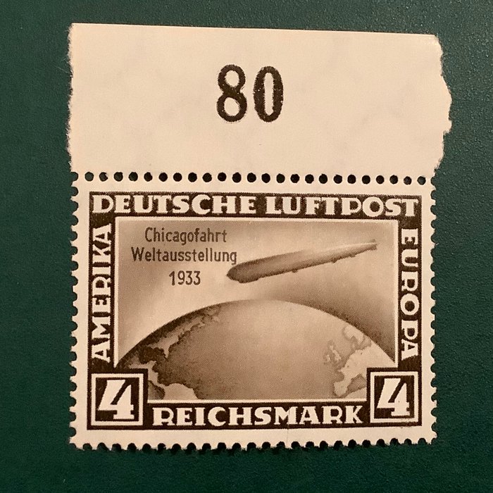 Tyske Kejserrige 1933 - 4 Mark Chicagofarth med øverste arkkant - Michel 498