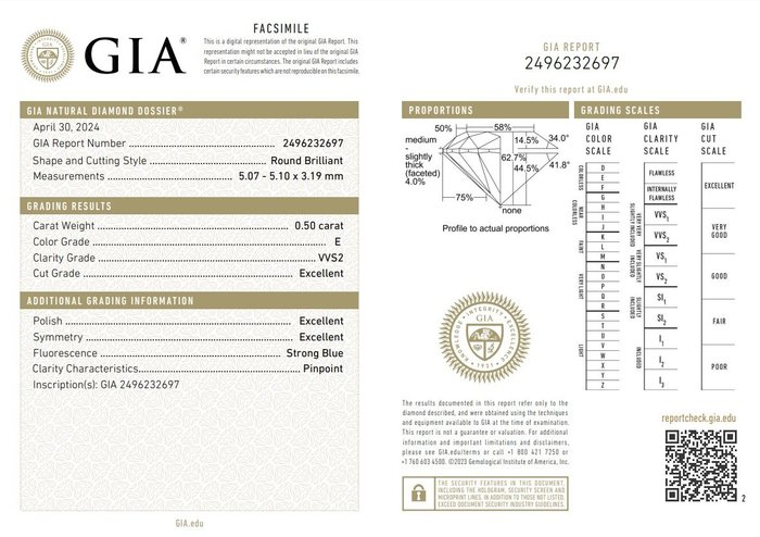 1 pcs Diamant  (Natur)  - 050 ct - Rund - E - VVS2 - Gemological Institute of America (GIA) - *3EX*