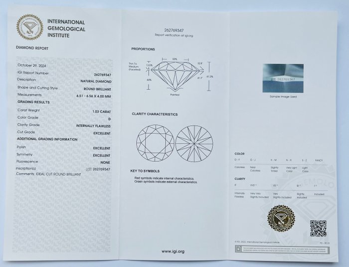 1 pcs Diamant  (Natur)  - 1.03 ct - Rund - D (farveløs) - IF - International Gemological Institute (IGI) - Ex Ex Ex Ingen