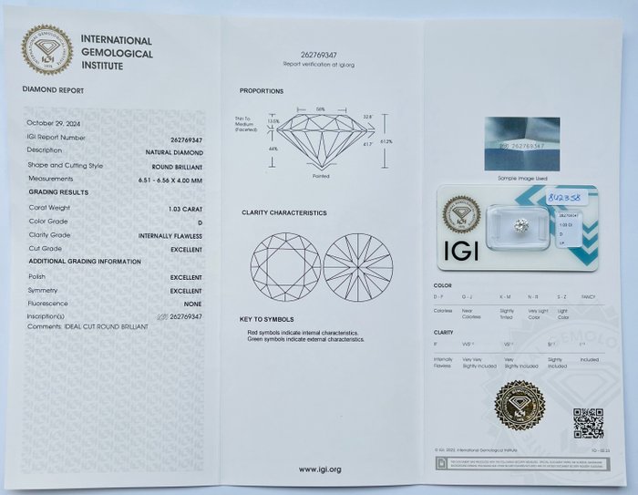 1 pcs Diamant  (Natur)  - 1.03 ct - Rund - D (farveløs) - IF - International Gemological Institute (IGI) - Ex Ex Ex Ingen