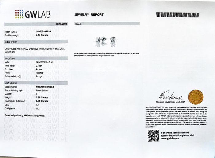 Øreringe - 14 karat Hvidguld -  0.60ct. tw. Diamant (Natur) - D farve / VS2