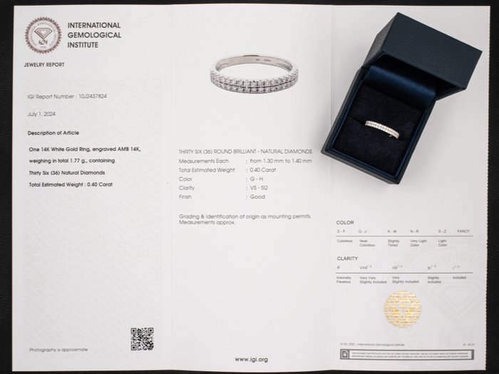 Ingen mindstepris - Ring - 14 karat Hvidguld, Ingen reservepris - IGI certificeret - 0,40 ct diamanter Diamant (Natur)