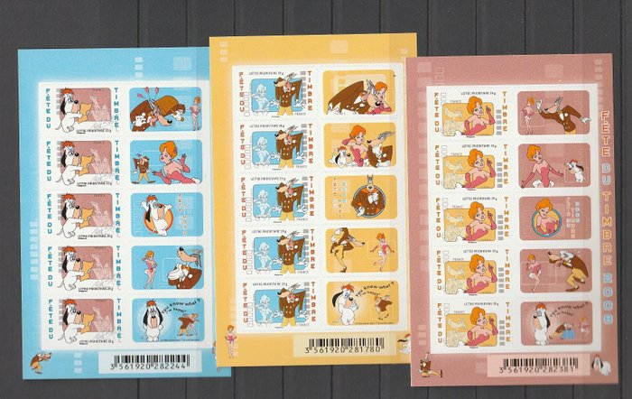 Frankrig  - Sæt med 15 selvklæbende notesblokke Stamp Day 2007 Harry Potter og 2008 Droopy - Yvert n° F4024A/25A/26A - F50A/51A4149A/