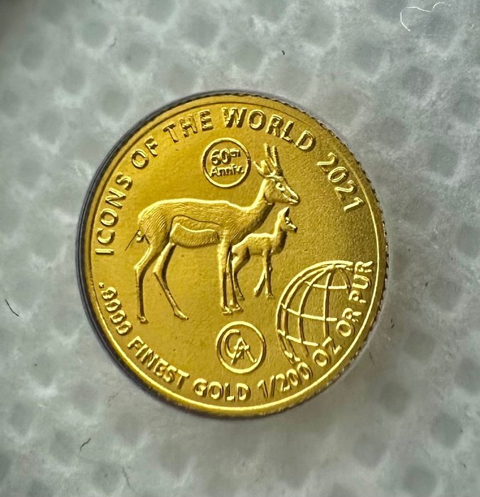 Rwanda. 10 Francs 2021 Icons of the World - Springbock, oro 1/200 Oz (.999)  (Ingen mindstepris)