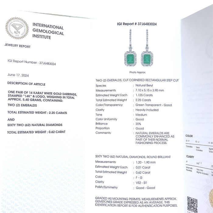 Dråbe øreringe - 14 karat Hvidguld -  2.87ct. tw. Smaragd - Diamant