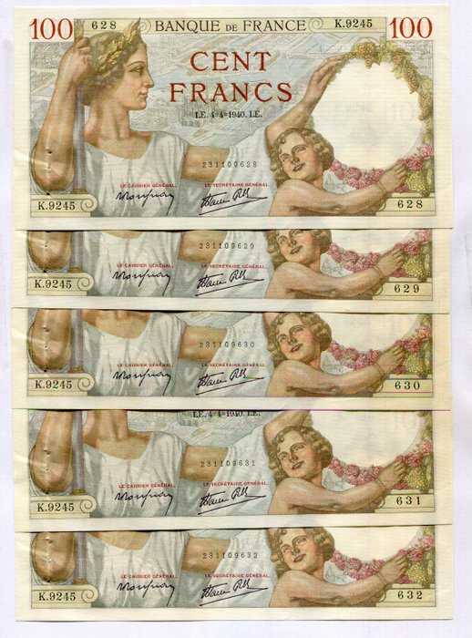 Frankrig. - 5 x 100 Francs - 04/04/1940 - Sully - Consecutive - Fayette 26-26  (Ingen mindstepris)