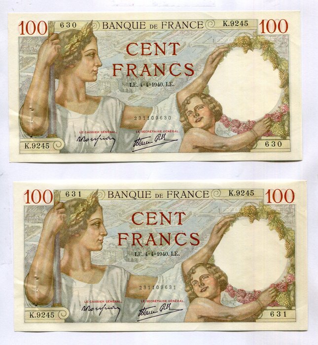 Frankrig. - 5 x 100 Francs - 04/04/1940 - Sully - Consecutive - Fayette 26-26  (Ingen mindstepris)