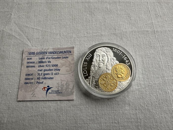 Hollandske Antiller. 10 Gulden 2001 Handelsmunt 'Lodewijk III' zilver met gouden inlay  (Ingen mindstepris)