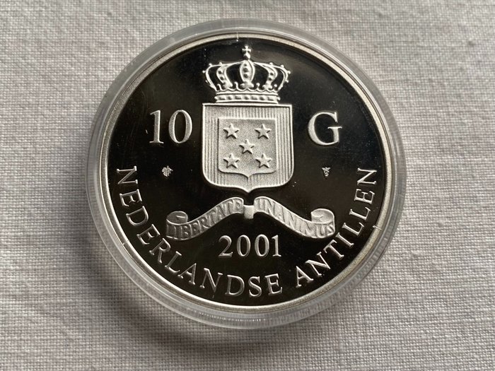 Hollandske Antiller. 10 Gulden 2001 Handelsmunt 'Lodewijk III' zilver met gouden inlay  (Ingen mindstepris)