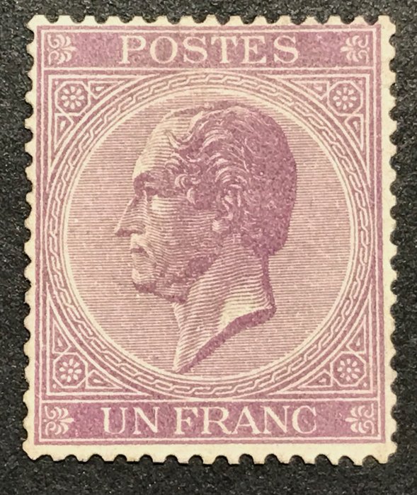 Belgien 1865/1866 - Leopold I i profil - 1 franc Violet - Dyb farvenuance med SMUK CENTER - OBP 21A