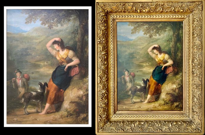 Henry Howard R.A (1769-1847), Attributed to - A barefooted maiden and dog within a pastoral landscape.