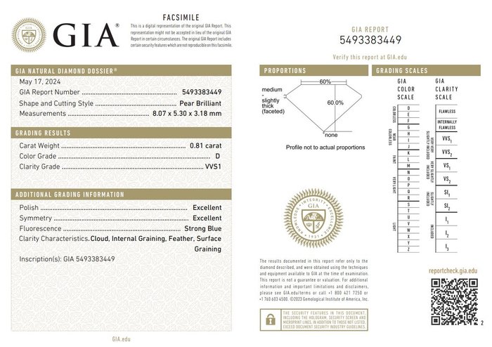 1 pcs Diamant  (Natur)  - 081 ct - Pære - D (farveløs) - VVS1 - Gemological Institute of America (GIA)