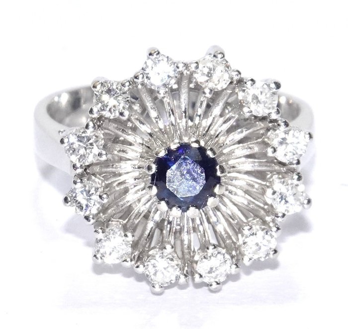 Ring - 14 karat Hvidguld -  102ct tw Diamant (Natur)  - Safir