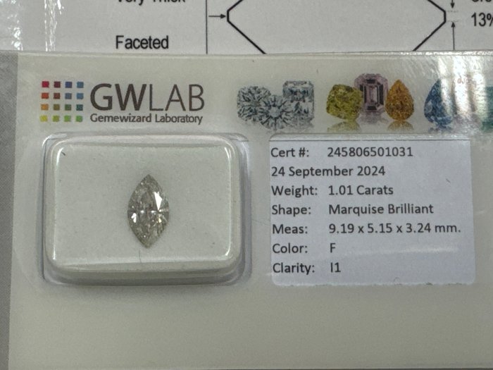 Ingen mindstepris - 1 pcs Diamant  (Natur)  - 1.01 ct - Marquise - F - I1 - Gemewizard Gemological Laboratory (GWLab)